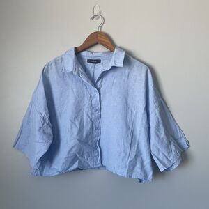 Primark Cropped Cotton Blend Blue Button Up Tunic Women's Size Large